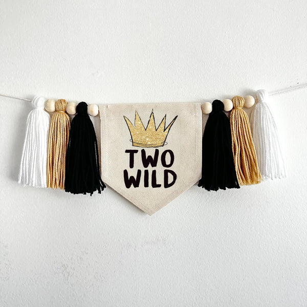 Two Wild 2nd Birthday Tassel Banner, Crown Highchair Decoration, Black and Gold Second Birthday Party Sign
