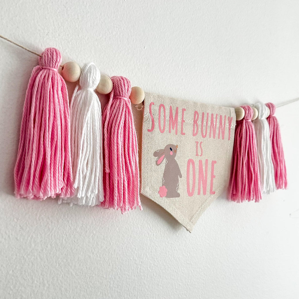 Easter 1st Birthday Party Decorations, Personalized Some Bunny is One High Chair Banner, Spring First Birthday, Pink Rabbit Cake Smash Decor