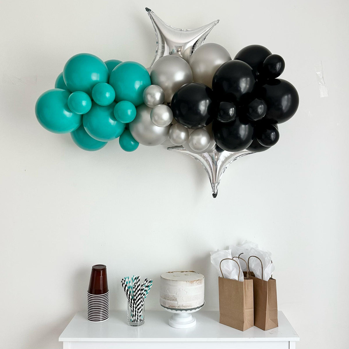 Teal, Silver, Black Balloon Garland | Silver Star Point Balloon ...