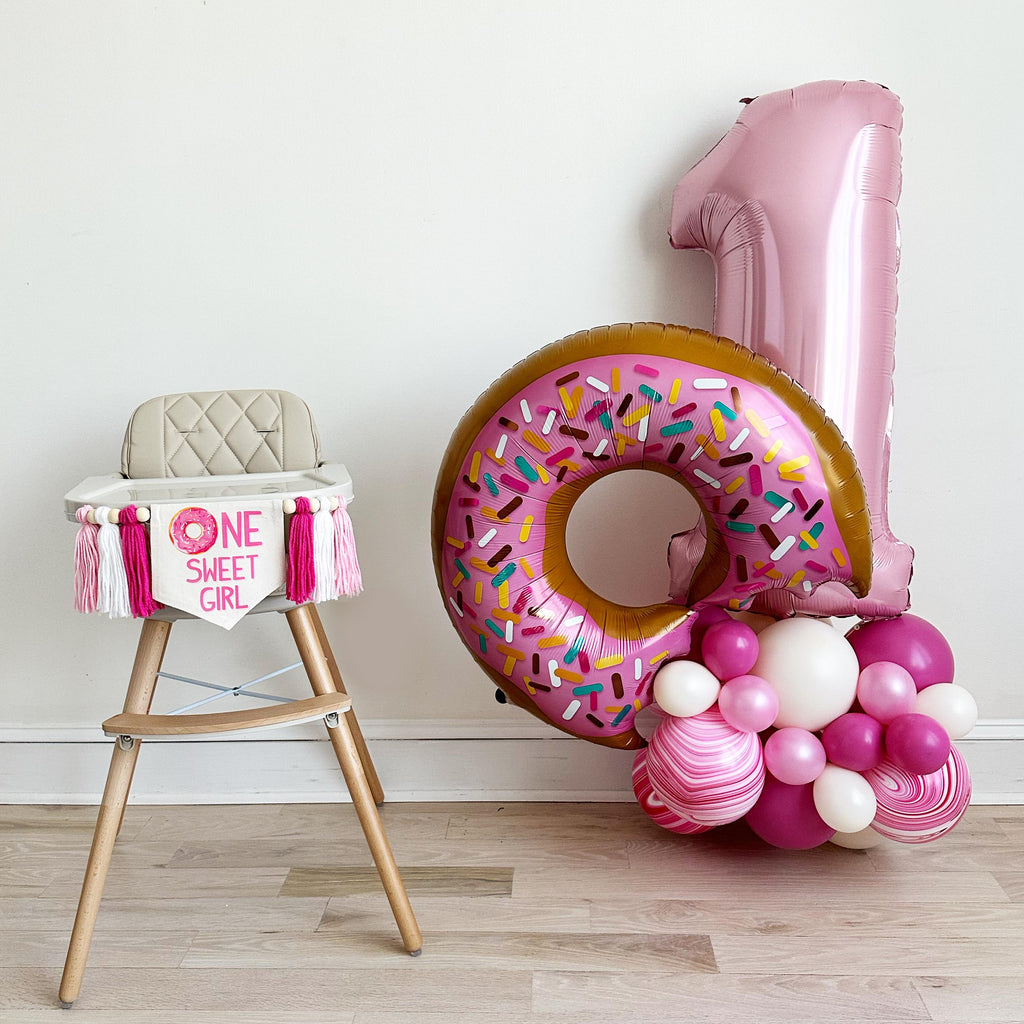 Donut First Birthday Balloons, Pink Balloon Tower, 1st Birthday Donut Party, Donut Birthday Decor, Pink Number One Balloon, Donut Balloon
