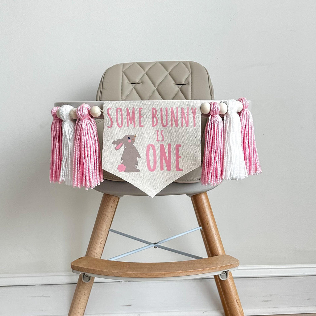 Easter 1st Birthday Party Decorations, Some Bunny is One High Chair Banner, Spring First Birthday Tassel Sign