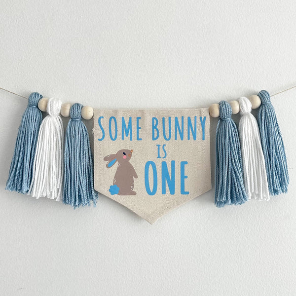 Easter 1st Birthday Party Decorations, Custom Some Bunny is One High Chair Banner, Blue Rabbit Cake Smash Decor