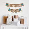 A burlap banner made from 4.5 by 6.5 inch fishtail shaped flags. The top line says EARTH in white capital letters with a hand painted image of a blue and green earth on each end. The bottom line says DAY in white capital letters with a hand painted image of a blue and green earth on each end. It comes with   two 110 inch pieces of jute string for stringing.