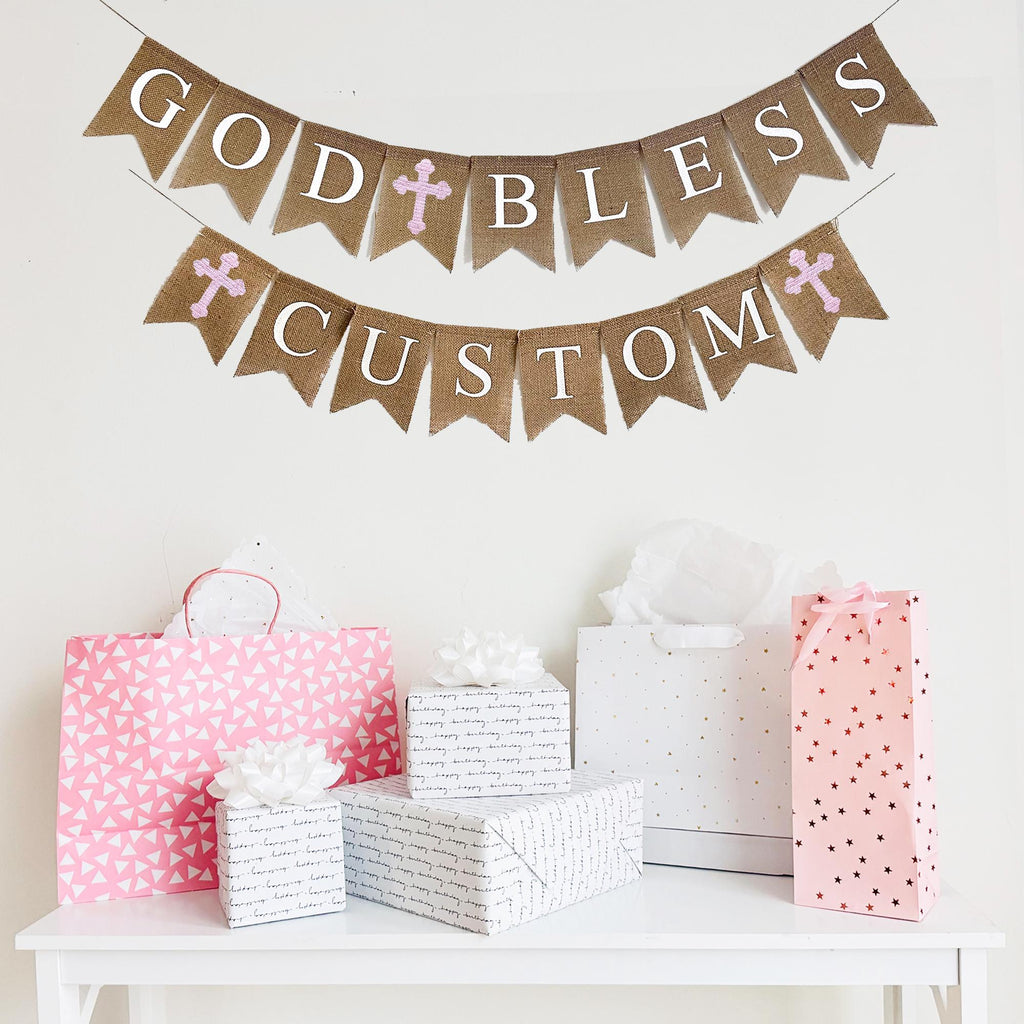 God Bless Banner, Baptism Banner, Personalized Christening Banner, First Holy Communion, Religious Decorations, Confirmation Banner