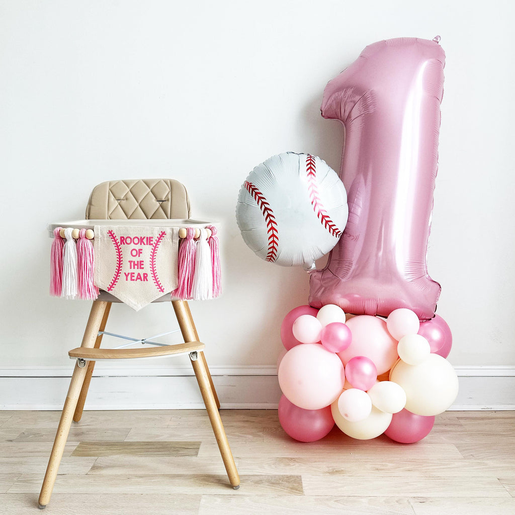 Pink Baseball 1st Birthday Balloon Tower | Girl Rookie of the Year Decoration | Little Slugger Sports Party Sign