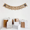 This ocean themed custom banner comes with two hand stenciled navy blue whales. In between the two image flags is a customizable banner, in white letters on fishtail burlap banners. You can add a name, date, or personalized phrase or saying to customize your party and take your theme to the next level.
