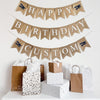 This is a burlap banner made of fishtail shaped flags measuring 4.5 by 6.5 inches each. The top string has the word HAPPY spelled in white letters with an image of a navy vintage plane on either end. The bottom string has the word BIRTHDAY in white. Add a custom name, date or phrase to personalize your event.