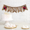 A burlap banner that says ONE in white letters with red and black ladybug images on either side of the word.