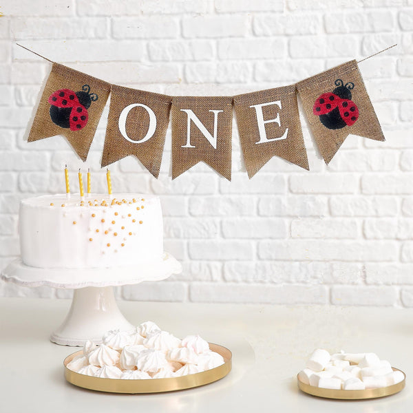 A burlap banner that says ONE in white letters with red and black ladybug images on either side of the word.