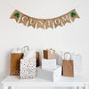 This customizable burlap banner contains 2 green shamrock flags and white lettered flags, customizable to spell out any word or saying for your event. Add some rustic charm to your party decor with this customizable burlap banner.