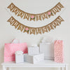 A two tiered burlap banner. The first tier reads soon to be with pink rose flowers between the words. The second tier reads mrs. custom with a pink rose flower between the words.