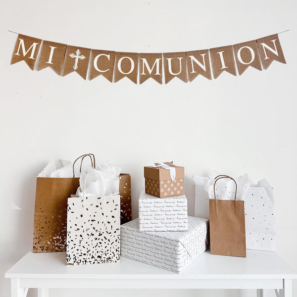Mi Comunion burlap banner with hand stenciled white cross. This banner is perfect for a milestone religious celebration.