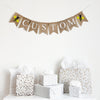 Customize this burlap bumblebee banner. This one tiered banner has white letters on a fishtail burlap banner with a yellow hand stenciled bee on each end of the banner. Customize this banner to say a name, date or saying to personalize your special event.