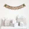 This customizable burlap banner allows you to add a name, date or special saying to add a personalized touch to your event. On each end of your custom wording, there is a hand stenciled green cactus with blue flowers.