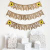 Sunflower themed Happy Birthday burlap banner with white letters and two vibrant yellow hand stenciled sunflowers. Add your custom wording on the third layer to add a personal touch to your event.