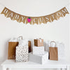 This one tiered banner spells out the word BABY in white letters on fishtail burlap banner flags followed by a pink hand stenciled strawberry. Following the strawberry, you have the option to customize your banner with a name, date or saying to add a personal touch to your baby shower.