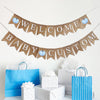 A burlap banner made from 4.5 by 6.5 inch fishtail shaped flags. The top string says WELCOME in white capital letters and has a light blue pumpkin on each end. The bottom says BABY followed by your choice of wording and has a pumpkin in the middle.