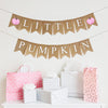Burlap banner with two layers includes two  pink watercolor pumpkins. The letters on the banner spell out Little Pumpkin in white traditional font.