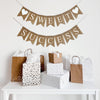 burlap banner made from 4.5 by 6.5 inch fishtail shaped flags. Each flag has a pocket across the top for stringing. This is a custom banner in white capital letters. The top string says SWEET and has an image of a white heart on each end. The bottom string says SUCCESS. It is strung on a jute string that is 110 inches in length.