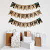 This is a burlap banner is on two lines and spells out the words Happy Birthday on fishtail burlap flags with black letters. The top row reads Happy with two camouflage flags on either end of the word Happy with the word Birthday on the second line. This banner is customizable to add a name, date or saying below the words Happy Birthday.