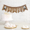 First Birthday Burlap Banner. With pandas  on either end of the banner, the letters spell out o n e in white on burlap flags.