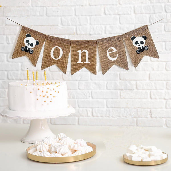 First Birthday Burlap Banner. With pandas  on either end of the banner, the letters spell out o n e in white on burlap flags.