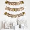 A two tiered burlap banner. The first tier reads HAPPY with a yellow bee icon on either side of the word. The second tier reads BEE DAY with a yellow bee icon between the words.