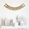 A burlap banner that spells out the word SWEETS in white letters. On each end of the word there is a hand stenciled white heart. Each fishtail burlap flag measures 4.5 x 6.5 inches.