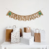A burlap banner with the word CUSTOM in white lettering between two avocado image flags.
