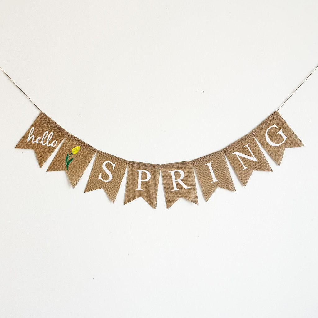 Hello Spring Sign | Spring Home Decor | Garden Party Decorations | Rustic Baby Shower | Burlap Banner | Backyard Party | Backdrop Banner |