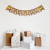Customize this construction burlap banner with the wording of your choice. Each burlap flag measures 4.5 x 6.5 inches. On either end of the personalized wording, this banner comes with two hand stenciled yellow and red dump trucks.