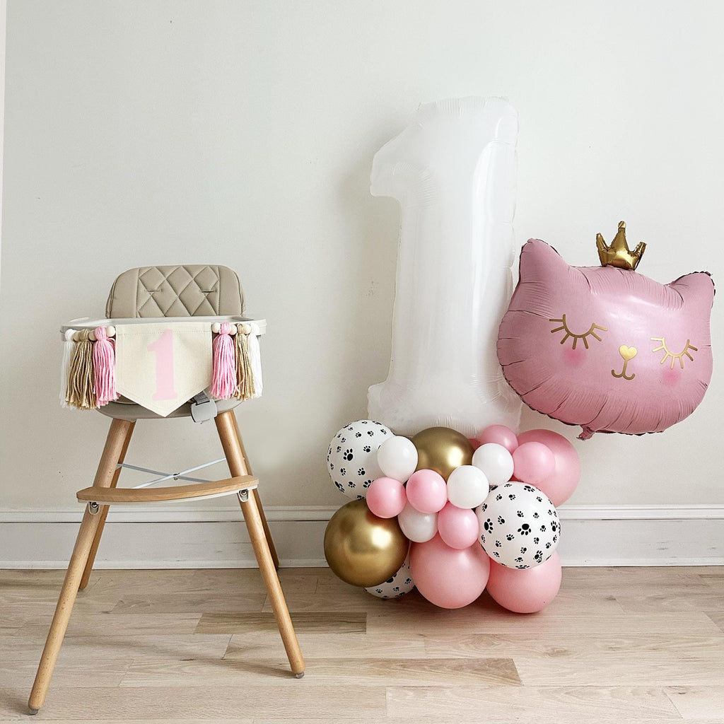 Cat Party Decorations | Princess Balloons | Pink and Gold Party | 1st Birthday Girl | Balloon Tower | High Chair Decoration |