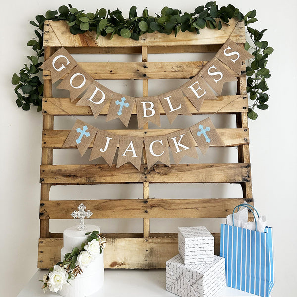 Baptism Decoration | First Communion Banner | Custom Banner | Christening Decor | God Bless Sign | Boy Baptism Banner | Baptism Party Idea