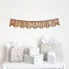 Summer Burlap Banner. Summer is written in white lettering on burlap flags with a hand stenciled bright pink flamingo image flag on each end of the word.