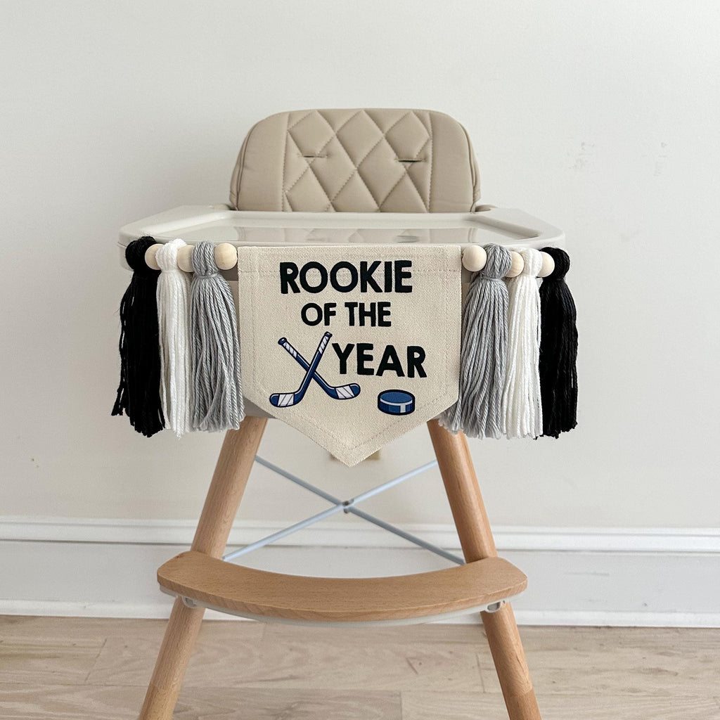Hockey 1st Birthday Party Decorations, Rookie of the Year Hockey High Chair Banner, Cake Smash Pennant, Goal First Birthday Tassel Banner