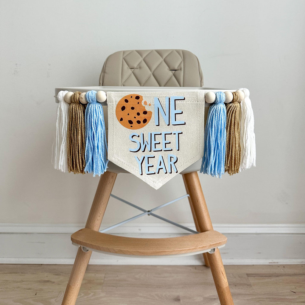 Cookie 1st Birthday Party Decorations, Milk and Cookies First Birthday Decor, Chocolate Chip Cookie High Chair Banner, One Sweet Year Sign