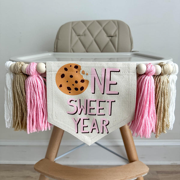 Cookie 1st Birthday Party Decorations, Milk and Cookies First Birthday Decor, Chocolate Chip Cookie High Chair Banner, One Sweet Year Sign