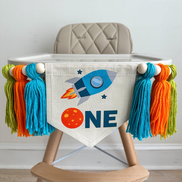 Outer Space 1st Birthday Party Decorations, Astronaut First Birthday High Chair Banner, Planet Cake Smash Sign