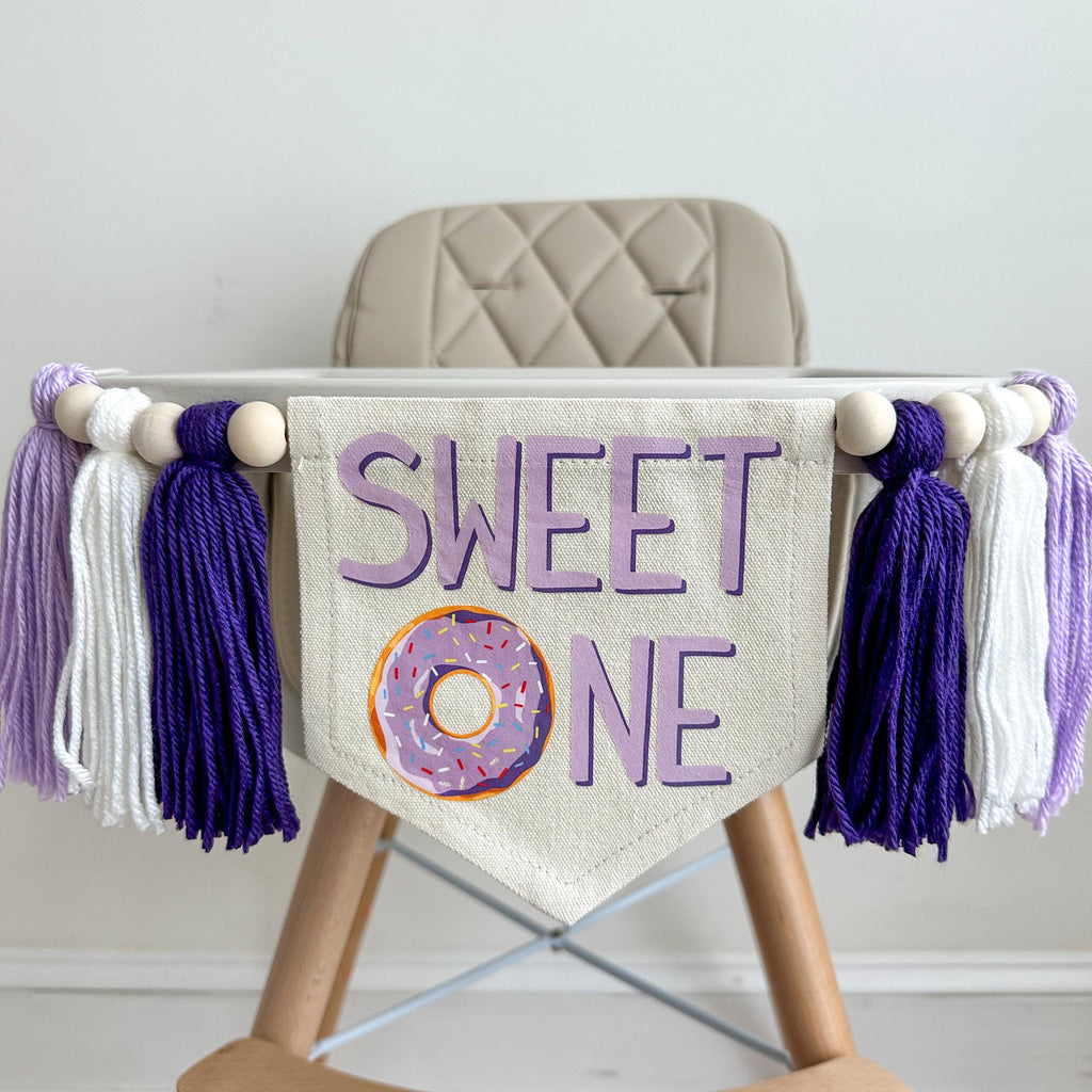 Donut 1st Birthday Party Decorations, Sweet One First Birthday, Purple Doughnut High Chair Banner, Confetti Birthday Sign, Donut Grow Up