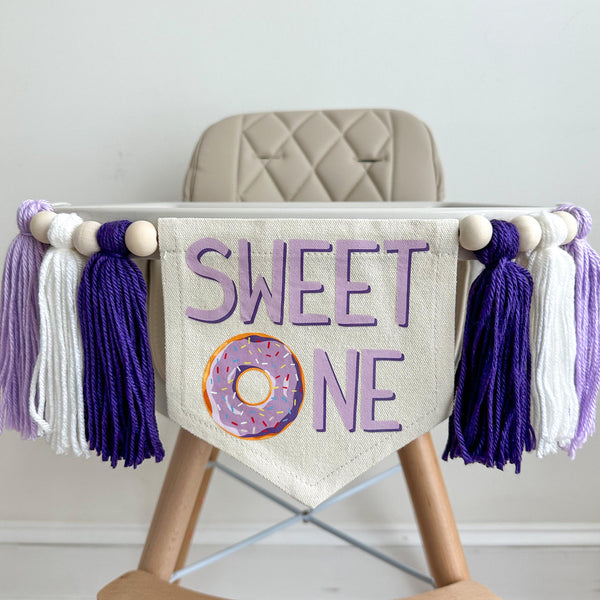 Donut 1st Birthday Party Decorations, Sweet One First Birthday, Purple Doughnut High Chair Banner, Confetti Birthday Sign, Donut Grow Up