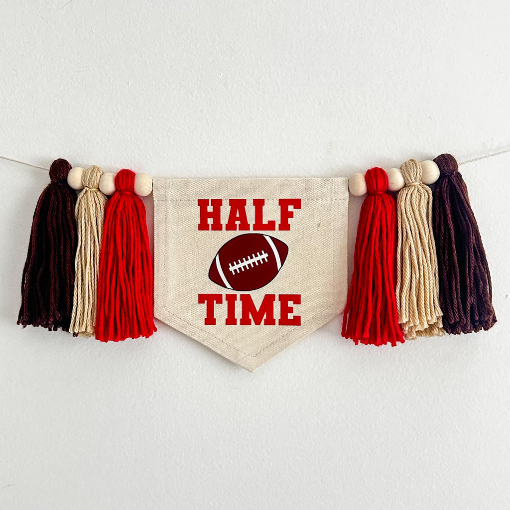Half Time High Chair Banner, Half Birthday Football Party Decorations, Cake Smash Props, Sports 6 Month Tassel Banner, Highchair Sign