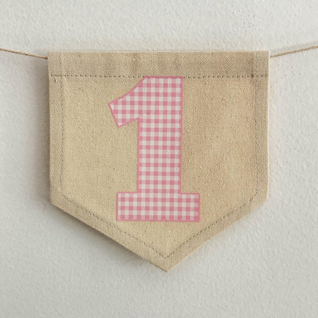 1st Birthday High Chair Banner, Pink Gingham First Birthday Party Decorations, Boho Yarn Tassel Garland, Cake Smash Decor, Photo Prop Sign