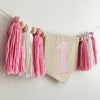 1st Birthday High Chair Banner, Pink Gingham First Birthday Party Decorations, Boho Yarn Tassel Garland, Cake Smash Decor, Photo Prop Sign