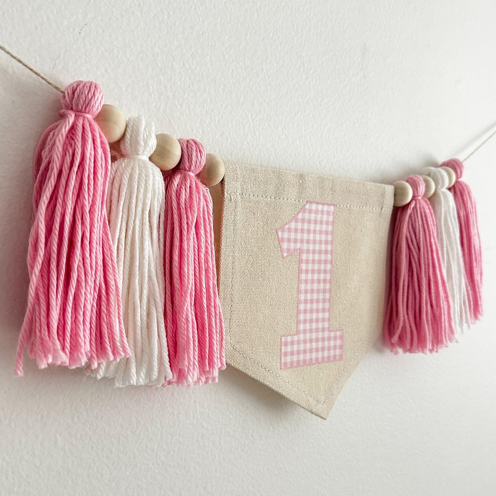 1st Birthday High Chair Banner, Pink Gingham First Birthday Party Decorations, Boho Yarn Tassel Garland, Cake Smash Decor, Photo Prop Sign