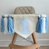 1st Birthday High Chair Banner, Blue Gingham First Birthday Party Decorations, Boho Yarn Tassel Garland, Cake Smash Decor, Photo Prop Sign