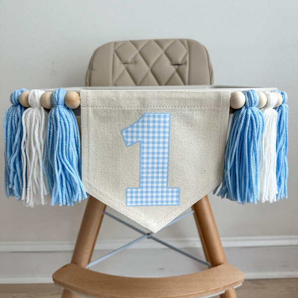 1st Birthday High Chair Banner, Blue Gingham First Birthday Party Decorations, Boho Yarn Tassel Garland, Cake Smash Decor, Photo Prop Sign