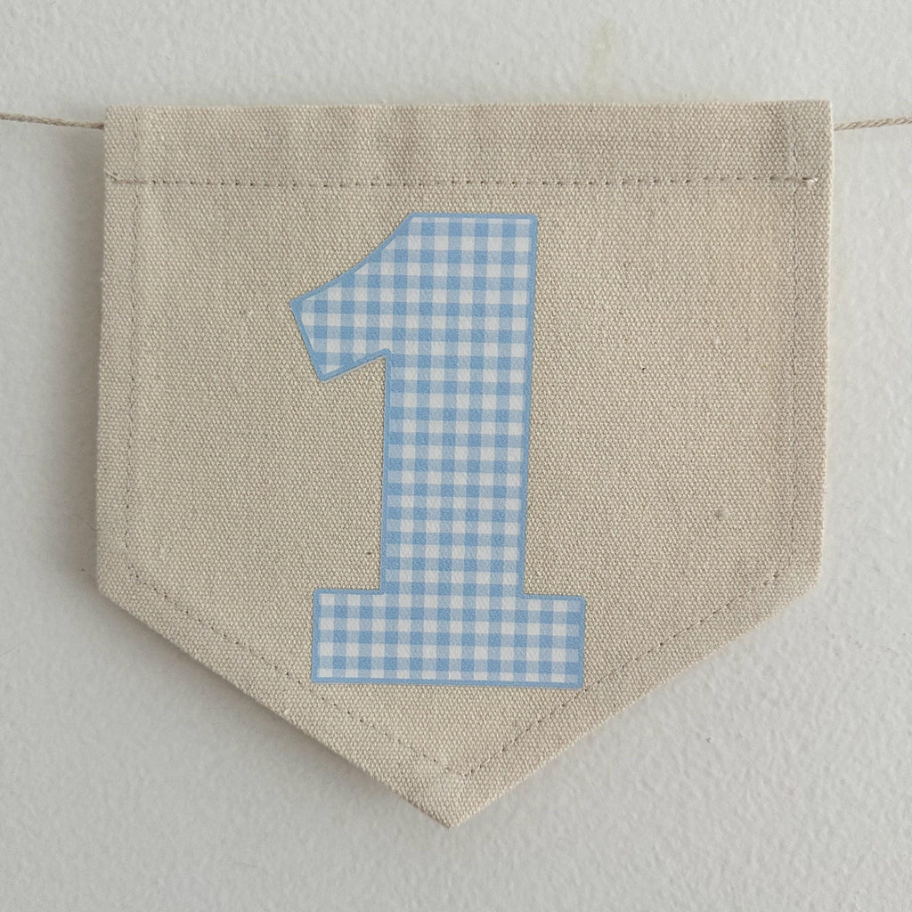 1st Birthday High Chair Banner, Blue Gingham First Birthday Party Decorations, Boho Yarn Tassel Garland, Cake Smash Decor, Photo Prop Sign