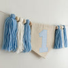 1st Birthday High Chair Banner, Blue Gingham First Birthday Party Decorations, Boho Yarn Tassel Garland, Cake Smash Decor, Photo Prop Sign