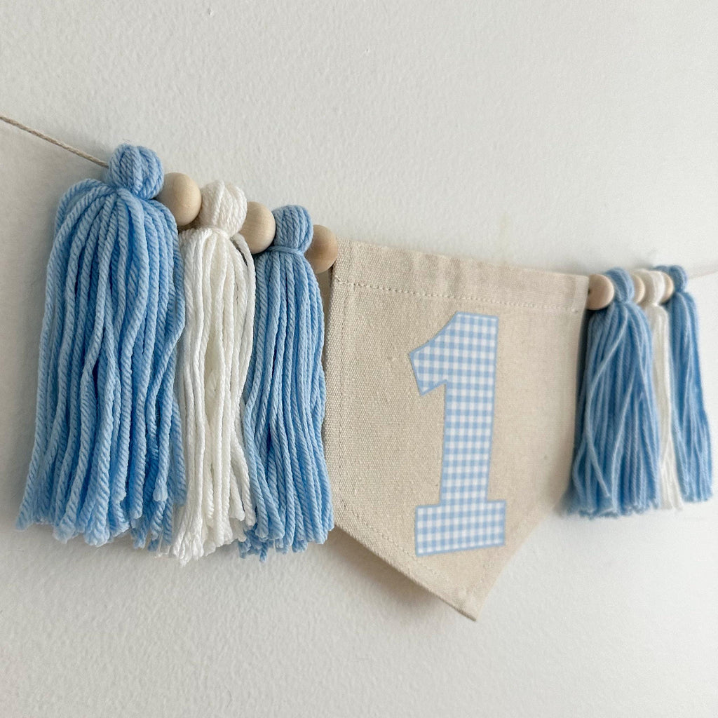 1st Birthday High Chair Banner, Blue Gingham First Birthday Party Decorations, Boho Yarn Tassel Garland, Cake Smash Decor, Photo Prop Sign