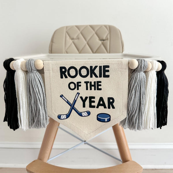 Hockey 1st Birthday Party Decorations, Rookie of the Year Hockey High Chair Banner, Cake Smash Pennant, Goal First Birthday Tassel Banner